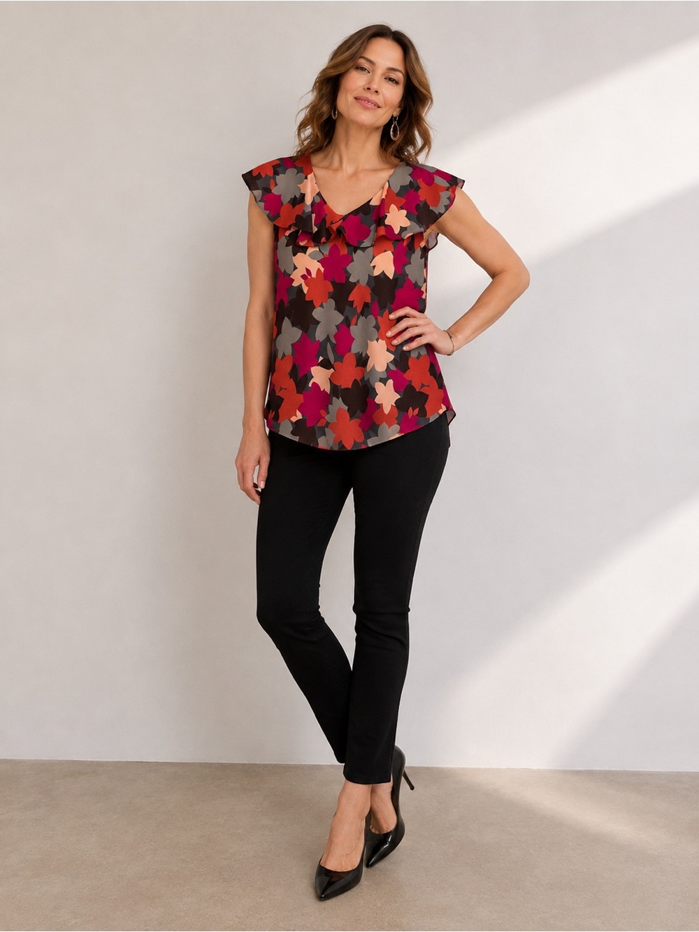 Attention Woman’s Floral Ruffle Flutter Sleeve Blouse Multicolor Size Large